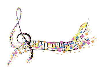 Abstract treble clef decorated with colorful splashes, notes. Hand drawn vector illustration.