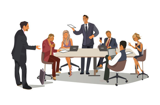 Business meeting in the company, brainstorming. Teamwork and partnership concept. Vector illustration.