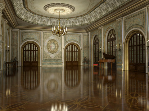 3d render of a golden luxury palace interior decorated with white marble and golden decor