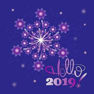 New Year's snow fireworks. Hello, 2019! Design to design banner, poster, greeting cards.