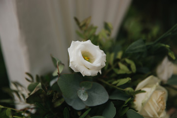Flowers on wedding drcor, green and white color