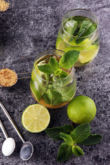 Lemon Fruit Lime Caipirinha of Brazil on grey vintage background