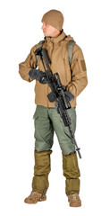 Fototapeta premium young soldier or sniper holding rifle. hunting, war, army, technology and people concept