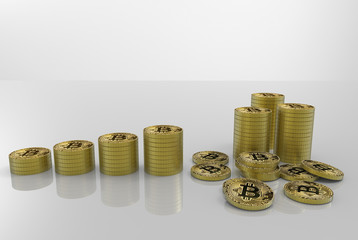 3d rendering. golden saving cryptocurrency bitcoin stacks on gray copy space background.