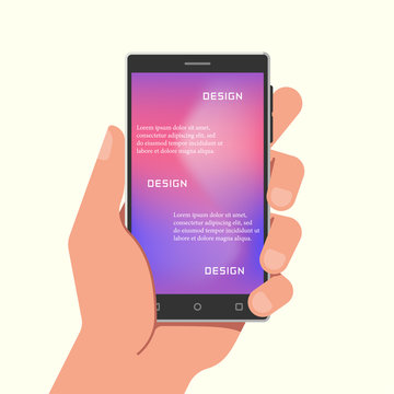 Hand holding phone with gradient mesh wallpapers. Vector illustration.
