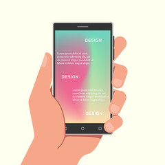 Hand holding phone with gradient mesh wallpapers. Vector illustration.