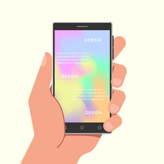 Hand holding phone with gradient mesh wallpapers. Vector illustration.