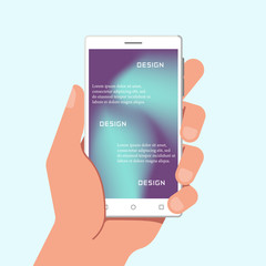 Hand holding phone with gradient mesh wallpapers. Vector illustration.
