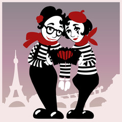 Mimes Young Man and Woman on Background of Paris