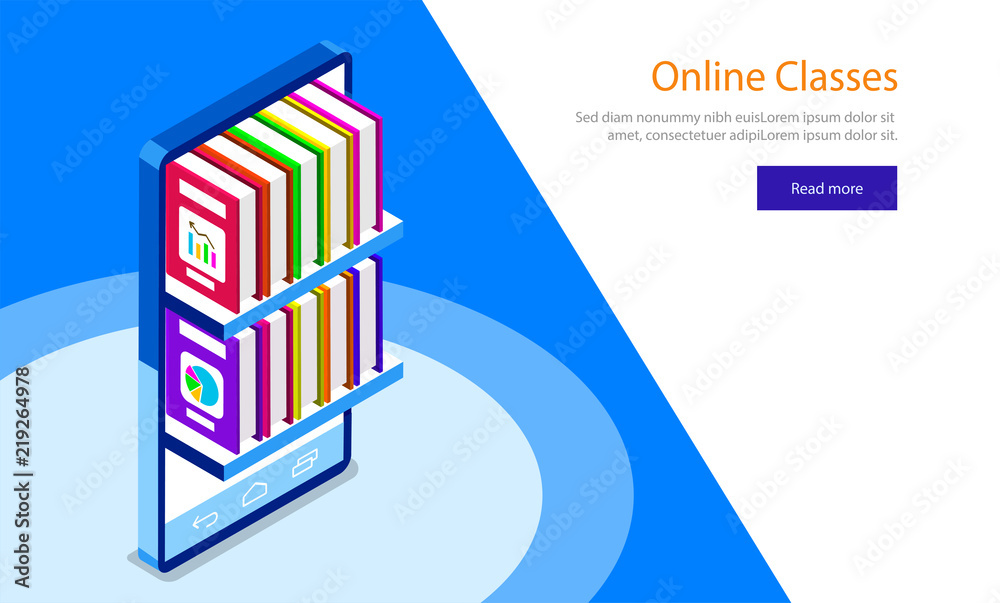 Canvas Prints Multiple books on smartphone screen isometric illustration on blue and background. Responsive web template design for Online classes.