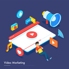 Video Marketing concept based responsive landing page design with isometric illustration of browser window with social media equipments.