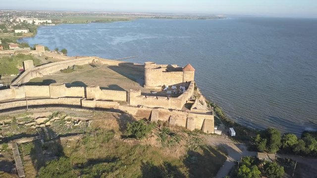 Aerial view from drone to ancient fortress Akkerman which is on the bank of the Dniester estuary, Bilhorod-Dnistrovskyi city, Odessa region, Ukraine