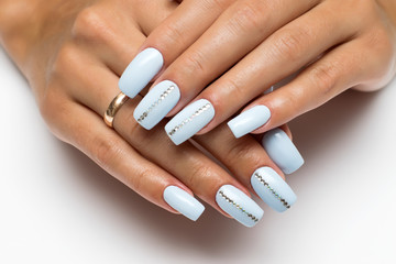 summer blue, heavenly nails with crystals on long square nails