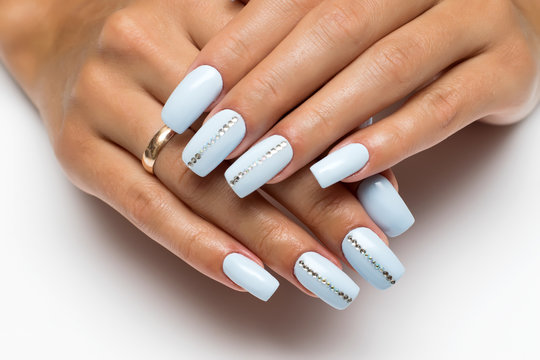 summer blue, heavenly nails with crystals on long square nails