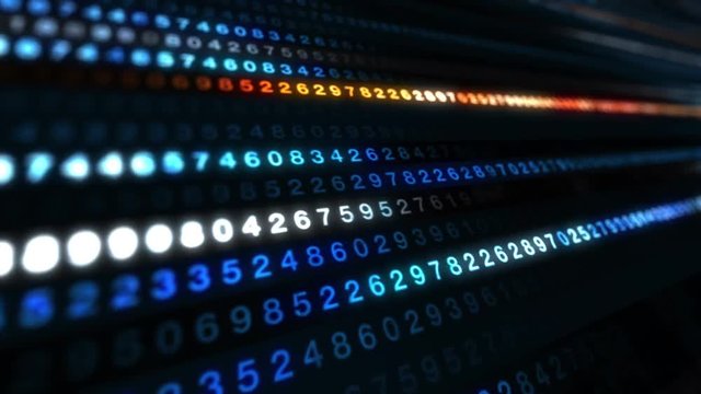 The closeup of running rows of colorful decimal digits seamless loop
