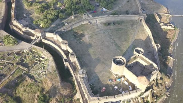 Aerial view from drone to ancient fortress Akkerman which is on the bank of the Dniester estuary, Bilhorod-Dnistrovskyi city, Odessa region, Ukraine