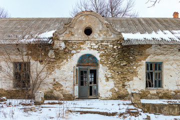 Abandoned old stone building creating in times of Soviet Union