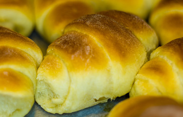 Homemade croissants with sweet filling, close up