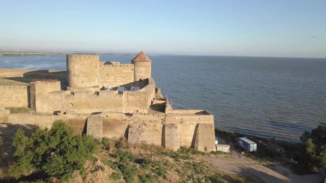 Aerial view from drone to ancient fortress Akkerman which is on the bank of the Dniester estuary, Bilhorod-Dnistrovskyi city, Odessa region, Ukraine