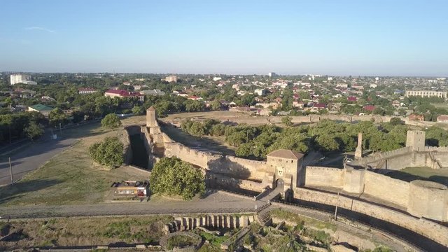 Aerial view from drone to ancient fortress Akkerman which is on the bank of the Dniester estuary, Bilhorod-Dnistrovskyi city, Odessa region, Ukraine