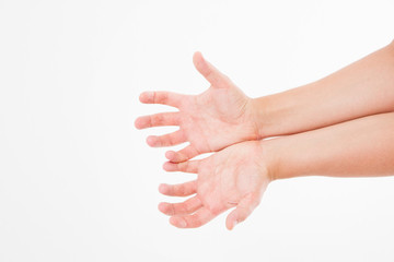 male hand two palm up. handbreadth isolated on a white background. Front view. Mock up. Copy space. Template. Blank.