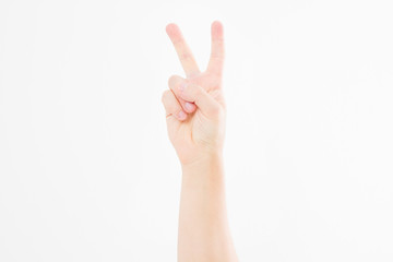 hand showing the sign of victory or peace closeup isolated on white background.Front view. Mock up. Copy space. Template. Blank.