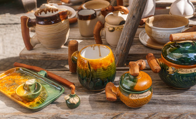 Various ceramic souvenirs, a souvenir shop for tourists. Riga, August 18, 2018.Latvia
