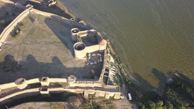 Aerial view from drone to ancient fortress Akkerman which is on the bank of the Dniester estuary, Bilhorod-Dnistrovskyi city, Odessa region, Ukraine