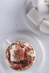 Hot chocolate and marshmallow sprinkled with chocolate chips.