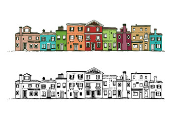 Houses doodle, hand drawn vector set isolated on white background
