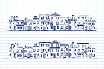 Houses doodle, hand drawn vector set on note paper