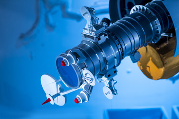 Augmented reality for industry concept. Robotic and Automation system control application on automate robot arm in smart manufacturing background.