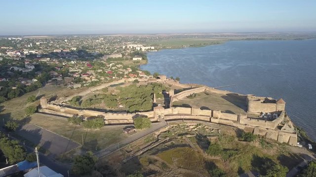 Aerial view from drone to ancient fortress Akkerman which is on the bank of the Dniester estuary, Bilhorod-Dnistrovskyi city, Odessa region, Ukraine