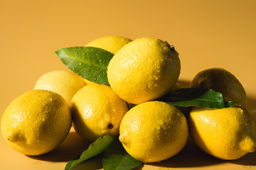 fresh wet lemons with leaves on yellow background