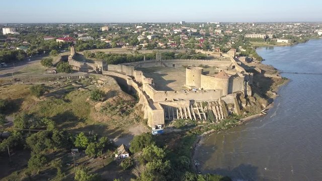 Aerial view from drone to ancient fortress Akkerman which is on the bank of the Dniester estuary, Bilhorod-Dnistrovskyi city, Odessa region, Ukraine