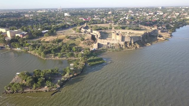 Aerial view from drone to ancient fortress Akkerman which is on the bank of the Dniester estuary, Bilhorod-Dnistrovskyi city, Odessa region, Ukraine