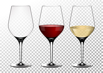 Set transparent vector wine glasses empty, with white and red wine. Vector illustration in photorealistic style.
