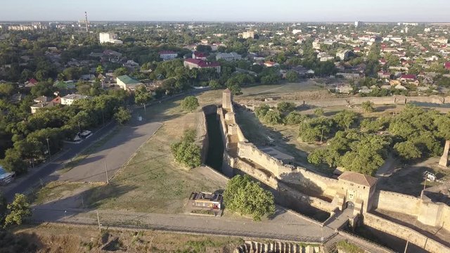 Aerial view from drone to ancient fortress Akkerman which is on the bank of the Dniester estuary, Bilhorod-Dnistrovskyi city, Odessa region, Ukraine