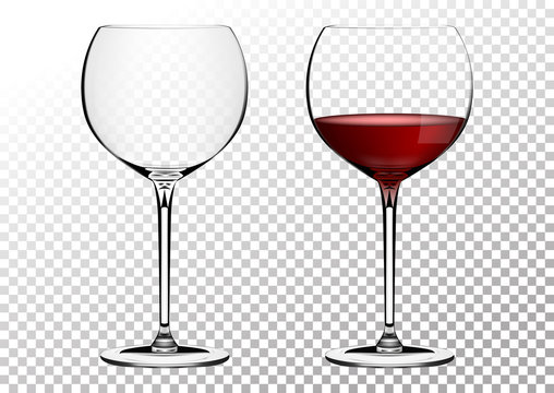 Set transparent vector wine bordo glasses empty, with red wine. Vector illustration in photorealistic style.