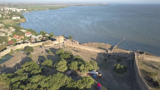 Aerial view from drone to ancient fortress Akkerman which is on the bank of the Dniester estuary, Bilhorod-Dnistrovskyi city, Odessa region, Ukraine