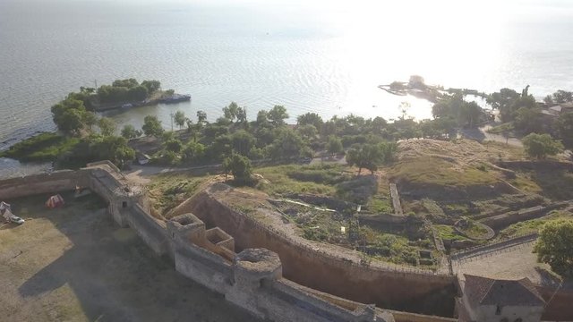 Aerial view from drone to ancient fortress Akkerman which is on the bank of the Dniester estuary, Bilhorod-Dnistrovskyi city, Odessa region, Ukraine