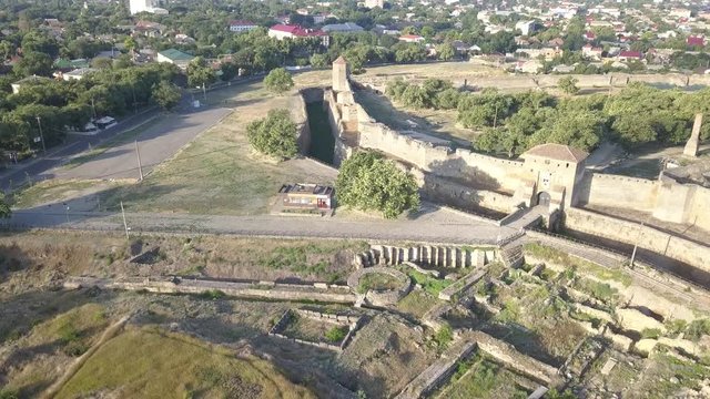 Aerial view from drone to ancient fortress Akkerman which is on the bank of the Dniester estuary, Bilhorod-Dnistrovskyi city, Odessa region, Ukraine