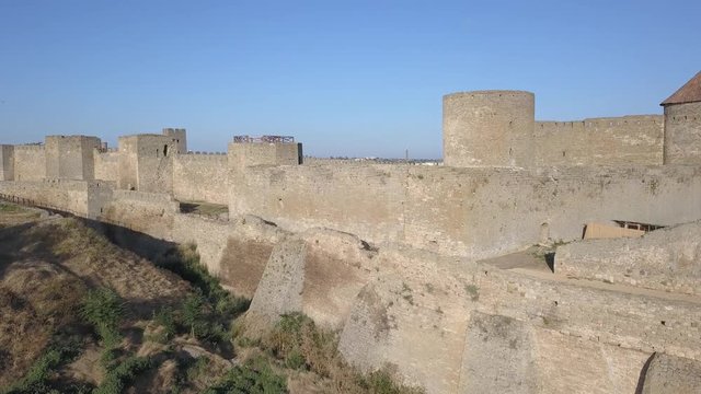 Aerial view from drone to ancient fortress Akkerman which is on the bank of the Dniester estuary, Bilhorod-Dnistrovskyi city, Odessa region, Ukraine
