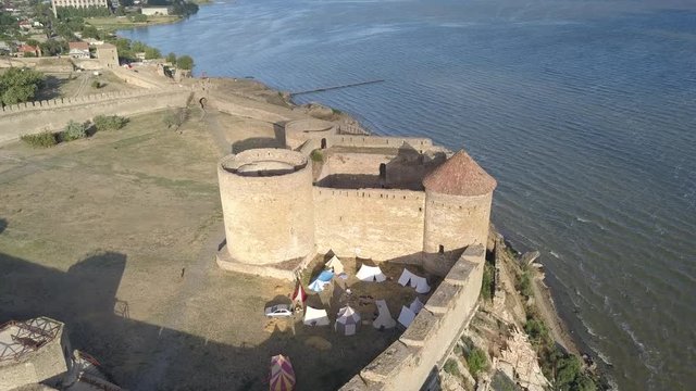 Aerial view from drone to ancient fortress Akkerman which is on the bank of the Dniester estuary, Bilhorod-Dnistrovskyi city, Odessa region, Ukraine
