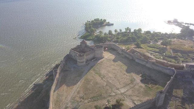 Aerial view from drone to ancient fortress Akkerman which is on the bank of the Dniester estuary, Bilhorod-Dnistrovskyi city, Odessa region, Ukraine