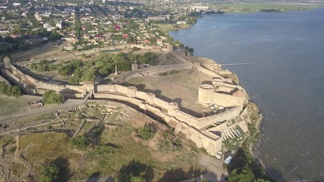 Aerial view from drone to ancient fortress Akkerman which is on the bank of the Dniester estuary, Bilhorod-Dnistrovskyi city, Odessa region, Ukraine