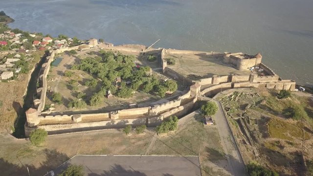 Aerial view from drone to ancient fortress Akkerman which is on the bank of the Dniester estuary, Bilhorod-Dnistrovskyi city, Odessa region, Ukraine