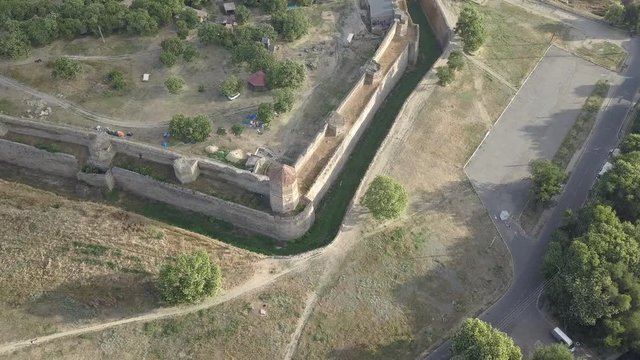 Aerial view from drone to ancient fortress Akkerman which is on the bank of the Dniester estuary, Bilhorod-Dnistrovskyi city, Odessa region, Ukraine