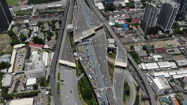 Aerial top view photo from flying drone of a Road traffic an important infrastructure in Thailand
