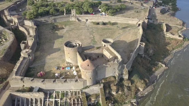 Aerial view from drone to ancient fortress Akkerman which is on the bank of the Dniester estuary, Bilhorod-Dnistrovskyi city, Odessa region, Ukraine